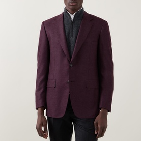 Model wearing Canali burgundy wool-silk blazer jacket, styled with grey layered top and black trousers.