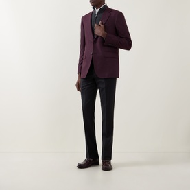 Model wearing Canali burgundy wool-silk blend jacket, styled with dark trousers and burgundy loafers.