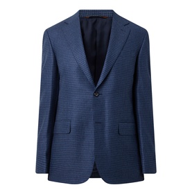 Canali dark blue micro-check wool-silk blazer jacket with notch lapels, single-button fastening and flap pockets