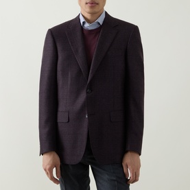 Model wearing Canali D6 Check Single-Breasted Blazer in burgundy, tonal check wool, notch lapel, styled with burgundy knit and blue shirt.
