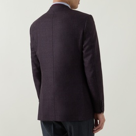 Model wearing Canali D6 Check Single-Breasted Blazer in burgundy, rear view showing tonal check pattern, rear vents, and buttoned cuffs.