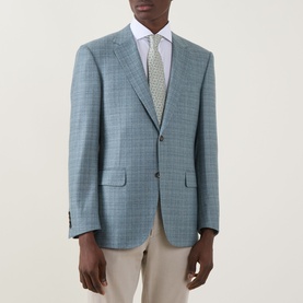 Model wearing Canali D6 Textured Single-Breasted Suit Jacket in mint, notch lapel, styled with white shirt and patterned tie