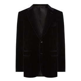 Canali D6 Velvet Single-Breasted Suit Jacket in black with notch lapel, front button fastening, chest welt pocket and hip flap pockets