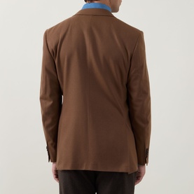 Model wearing Canali Flannel Single-Breasted Blazer in camel, back view showing rear vents and buttoned cuffs, styled with blue shirt.