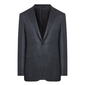 Canali D8 Herringbone Single-Breasted Blazer in charcoal, notch lapels, two-button front, flap pockets, buttoned cuffs