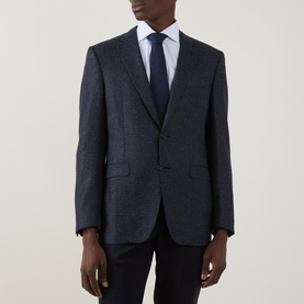 Model wearing Canali D8 Mini Check Single-Breasted Suit Jacket in navy wool, styled with white shirt and navy tie.