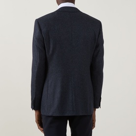Model wearing Canali D8 Mini Check Single-Breasted Suit Jacket in navy wool, rear view showing back seam and rear vents