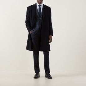 Model wearing Canali Navy D8 Mini Check Single-Breasted Suit Jacket, styled with matching trousers, waistcoat, tie, and black shoes.