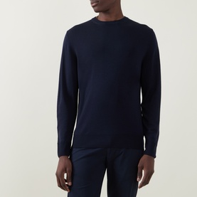 Model wearing Canali Fine-Knit Sweater in black, crew neck with ribbed trims and long sleeves, styled with navy trousers.
