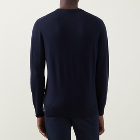 Model wearing Canali Fine-Knit Sweater in black, rear view, crew neck, long sleeves, ribbed trims, 100% wool fine-knit construction.