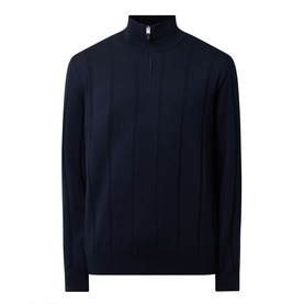 Canali Textured Half-Zip Sweater in navy, funnel neckline with half-zip placket, ribbed trims and textured knit construction