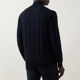 Model wearing Canali Textured Half-Zip Sweater in navy, showing rear view with ribbed trims and textured knit panelling detail.