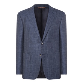 Canali D7 Kai Single-Breasted Suit Jacket in blue houndstooth wool-silk-linen blend, notch lapel, gold buttons, two hip patch pockets