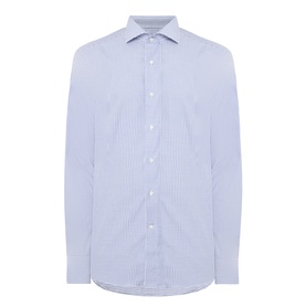 Canali Check Print Single-Cuff Shirt in navy, fine stripe pattern, semi-spread collar, long sleeves, front button placket, curved hem