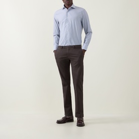 Model wearing Canali Navy Check Print Single-Cuff Shirt with semi-spread collar, styled with dark brown trousers and leather shoes.