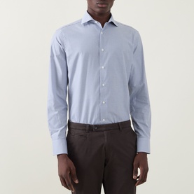 Model wearing Canali Check Print Single-Cuff Shirt in navy, semi-spread collar, long sleeves, styled with dark brown trousers