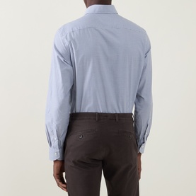 Model wearing Canali Check Print Single-Cuff Shirt in navy, back view, with brown tailored trousers. Long sleeves with buttoned cuffs.
