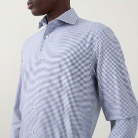 Model wearing Canali Check Print Single-Cuff Shirt in navy, featuring micro-check pattern, semi-spread collar and buttoned cuffs