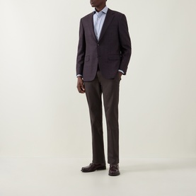 Model wearing Canali navy check print single-cuff shirt, styled with dark burgundy blazer and brown tailored trousers, dark leather shoes.