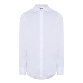 Canali Pinpoint Single Cuff Shirt in white, pointed collar, button front, long sleeves, curved hemline, 100% cotton