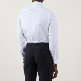 Model wearing Canali Pinpoint Single Cuff Shirt in white, styled with navy trousers. Rear view showing pointed collar and single cuffs.