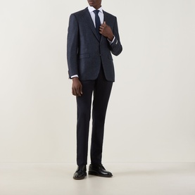 Model wearing Canali Pinpoint Single Cuff Shirt in white, styled with a navy check suit, blue tie, and black leather shoes.