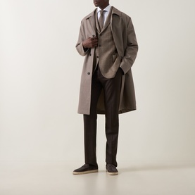 Model wearing Canali white single cuff regular cotton shirt, styled with taupe overcoat, grey suit jacket and dark brown trousers.