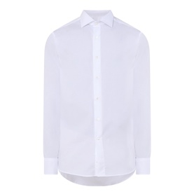 Canali Travel Stretch Single-Cuff Shirt in white with cutaway collar, front button placket, long sleeves, and curved hem