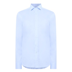 Canali Travel Stretch Single-Cuff Shirt in blue, cutaway collar, long sleeves, front button placket, curved hem