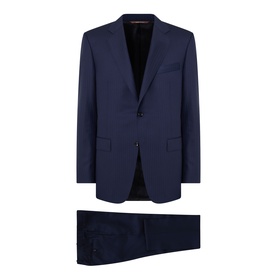 Canali dark blue two-piece suit with single-breasted jacket, notch lapel, and tailored trousers
