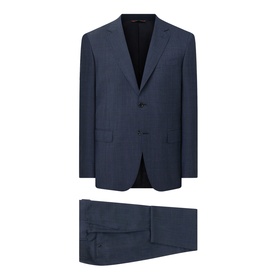 Canali navy wool suit with single-breasted jacket, notch lapels, two-button fastening, and tailored trousers