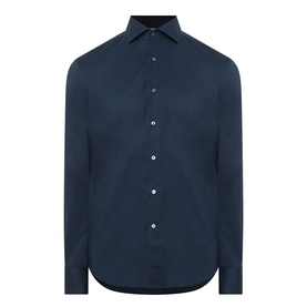 Canali navy single cuff regular formal shirt with spread collar and button placket, 96% cotton stretch fabric