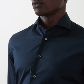 Model wearing Canali navy formal shirt with spread collar and dark buttons, single cuff regular fit in stretch cotton