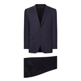 Canali D6 Pinstripe Two-Piece Suit in navy wool, single-breasted jacket with notch lapel, slim-leg trousers with pressed creases