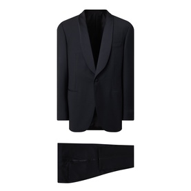 Canali black two-piece suit with shawl lapel jacket and tailored trousers, displayed flat on white background