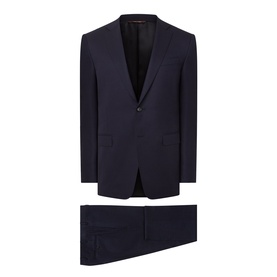 Canali D8 Flannel Two-Piece Suit in navy wool, single-breasted jacket with notch lapel, slim-leg trousers with pressed creases