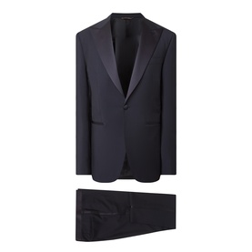 Canali D8 Two-Piece Suit in navy wool-mohair blend, single-breasted jacket with satin peak lapels, slim trousers with satin leg stripe.