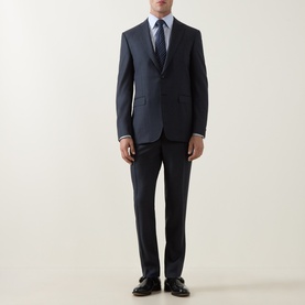 Model wearing Canali D8 Tonal Check Two-Piece Suit in navy wool, styled with a light blue shirt and navy tie, black oxford shoes.