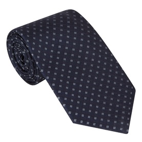 Canali navy silk tie with small geometric square dot pattern, rolled to show full blade width and texture