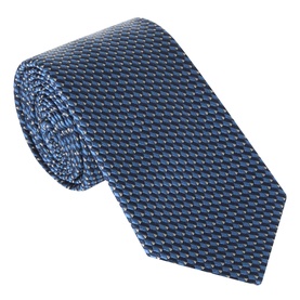 Canali Ribbon Geometric Silk Tie in blue with tonal geometric pattern and smooth silk finish, rolled to show texture