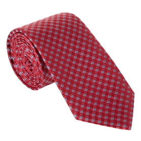 Canali red silk tie with small tonal geometric print pattern, rolled to display texture and weave detail