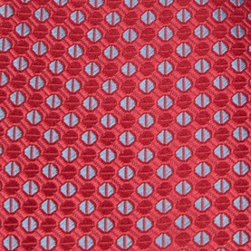 Canali red silk tie with light blue hexagonal geometric jacquard pattern, close-up fabric detail