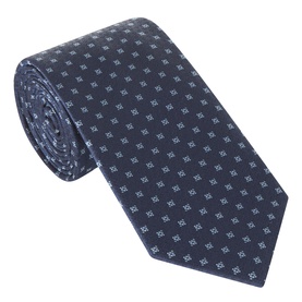 Canali Geometric Silk Tie in navy, featuring a small repeating geometric pattern on smooth silk, rolled to show full length.
