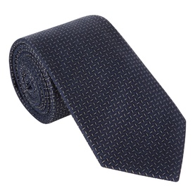 Canali navy silk and wool blend tie with tonal woven geometric pattern, rolled flat lay view