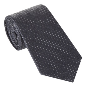 Dark grey silk tie with small white pin dot pattern, rolled and displayed flat against white background