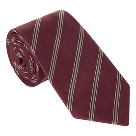 Canali burgundy silk and wool blend tie with diagonal cream double stripes, rolled flat lay product shot