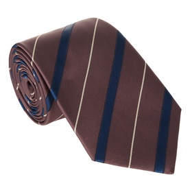 Canali brown silk tie with navy and cream diagonal regimental stripes, rolled display showing full width and texture