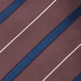 Canali brown silk tie with diagonal navy blue and cream stripes, close-up showing texture detail
