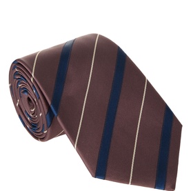 Canali brown silk tie with navy and cream diagonal regimental stripes, rolled display showing full width and texture