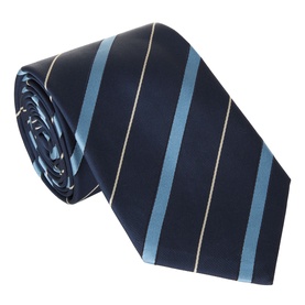 Canali blue silk tie with light blue and cream diagonal regimental stripes, rolled to show texture and lining